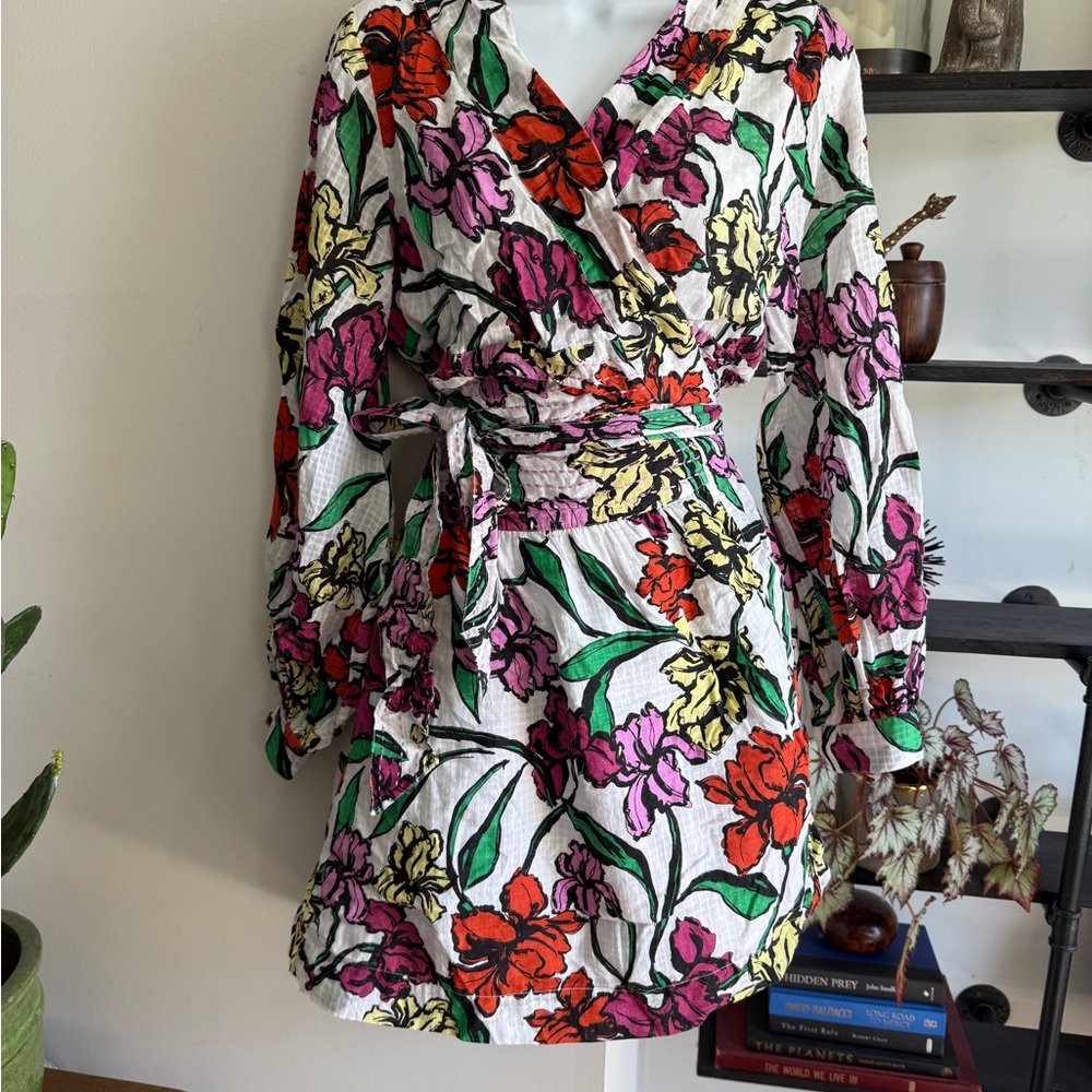 Roller Rabbit Pink and Red V-Neck Wrap Dress with Bishop Sleeves